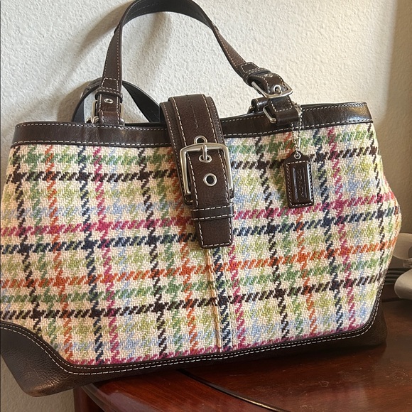 Coach Wool Plaid MulticolorWith Leather Satchel Bag - Picture 1 of 12